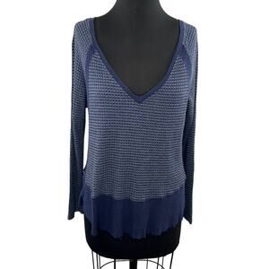 Eri + Ali Navy Blue Color-block Thermal V-neck Long Sleeve Waffle Knit Top M